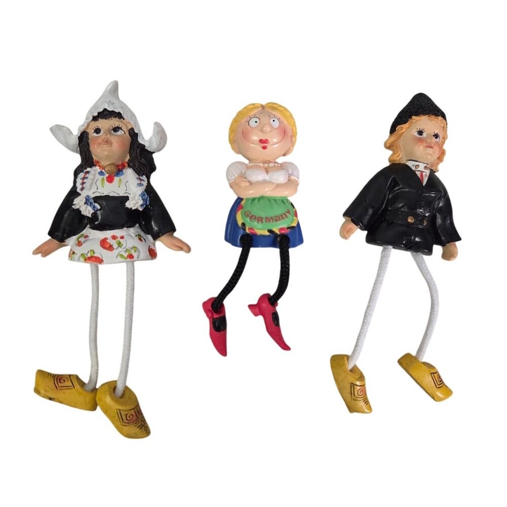 Set 3 Vtg Dutch Holland Wood Refrigerator Magnet Dangling Legs Clogs Girl Boys